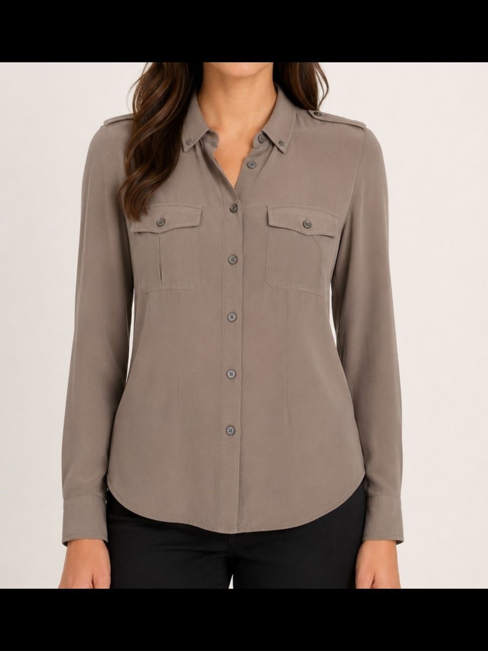 Banana Republic 100% Silk Button Front Utility Blouse Taupe Gray Size 6 Long Sle